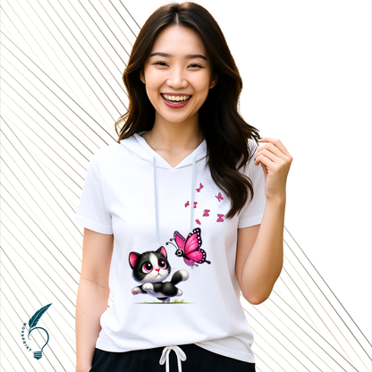Blusa blanca con capucha para mujer – diseño gatito y mariposas – moda casual primavera/verano