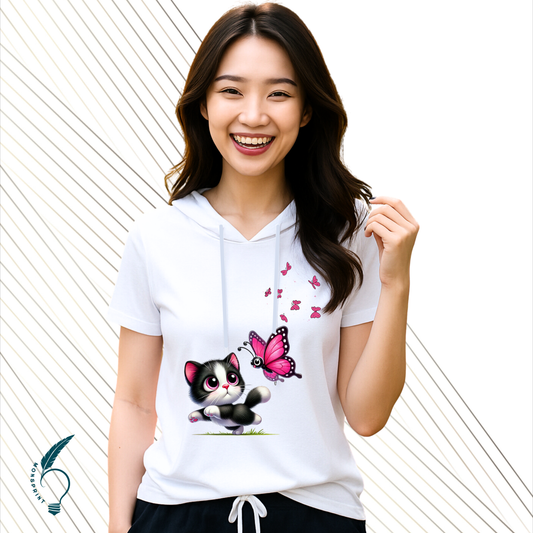 Blusa blanca con capucha para mujer – diseño gatito y mariposas – moda casual primavera/verano