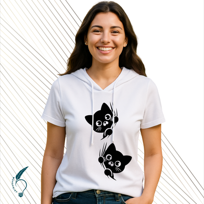 Blusa Blanca Mujer con Capucha Estampado Gatitos | Casual Deportiva Monsprint
