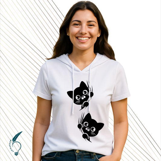 Blusa Blanca Mujer con Capucha Estampado Gatitos | Casual Deportiva Monsprint